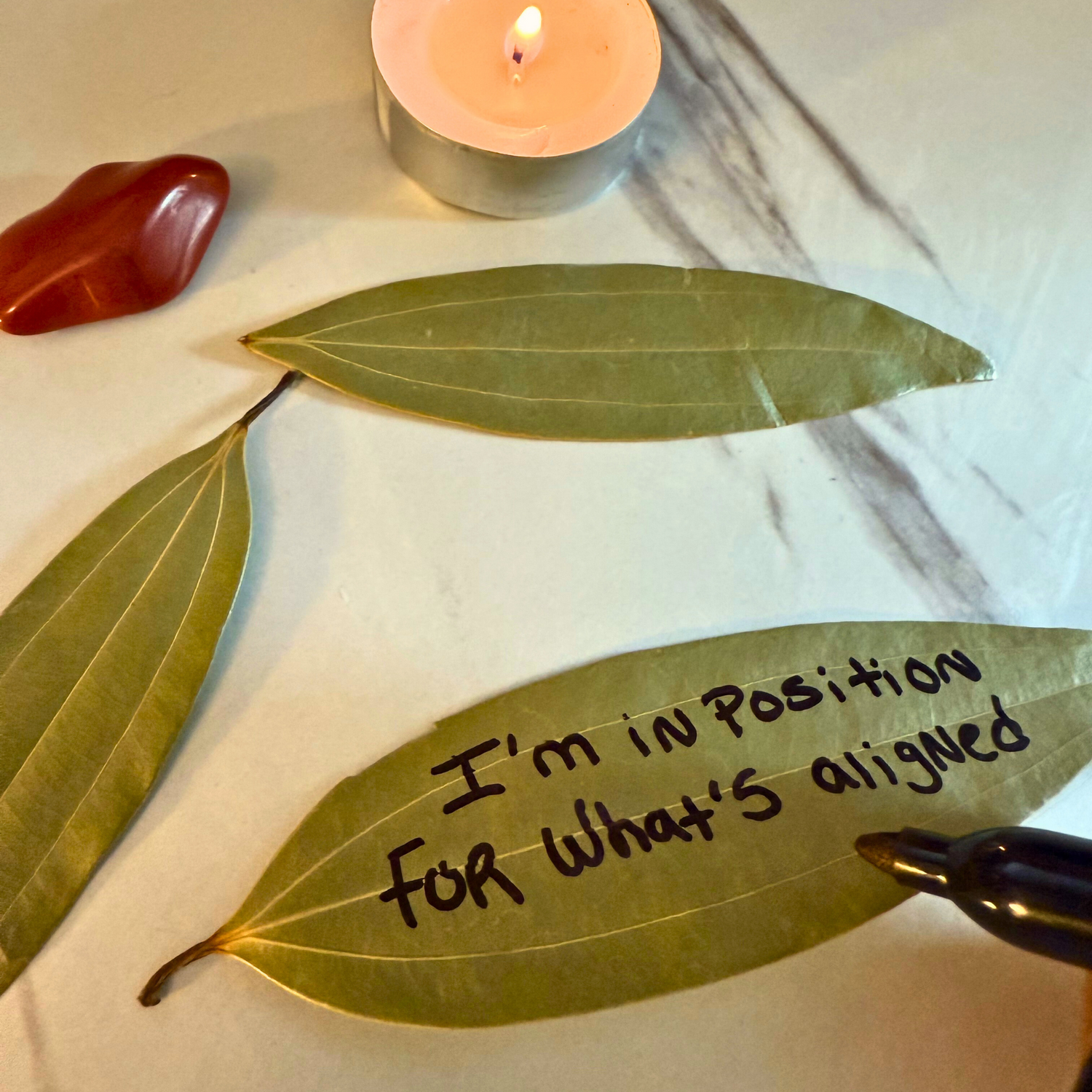 Writing an intention on a bay leaf before beginning the ritual